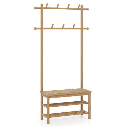 Bamboo Coat Rack PE Rattan Hall Tree with Bench and Shoe Storage 3-In-1 Entryway Bench-Brown
