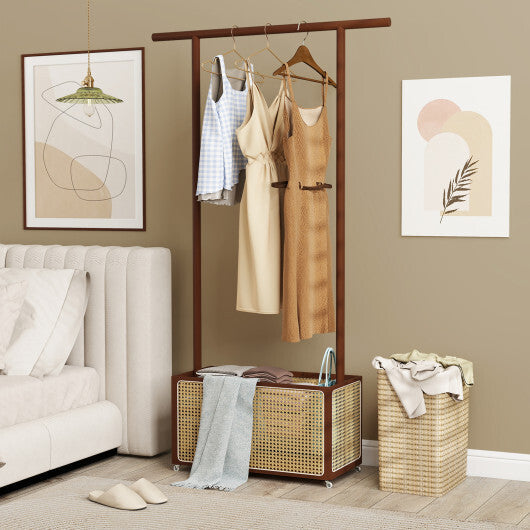 Bamboo Clothes Rack with Rattan Storage Basket and Wheels-Natural