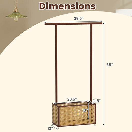 Bamboo Clothes Rack with Rattan Storage Basket and Wheels-Natural