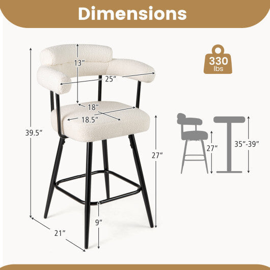 Swivel Bar Stool Set of 2 Counter Height Chairs with Curved Back and Arms-White LuxuryLifeWay Online Store