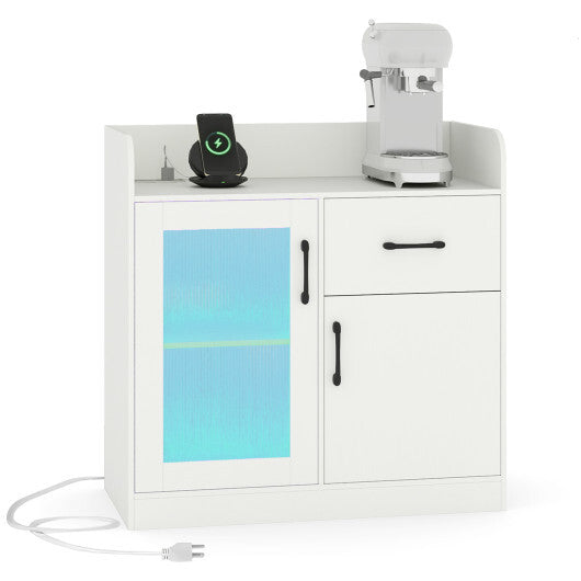 LED Buffet Sideboard with Charging Station with Drawer and Translucent Fluted Door-White LuxuryLifeWay Online Store