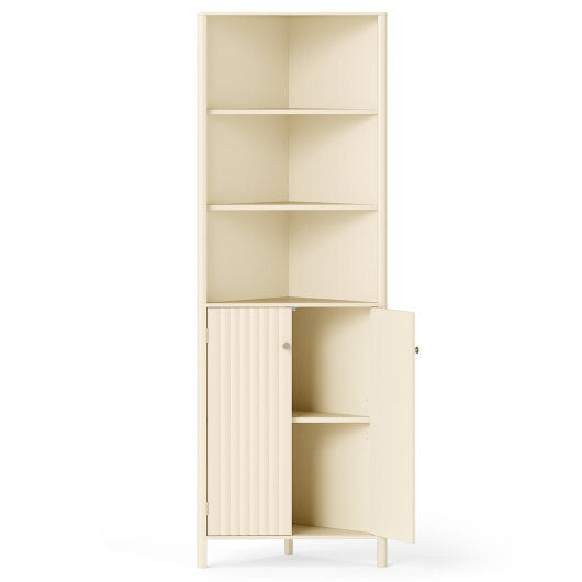 68 Inch Tall Corner Cabinet with 5 Shelves and 2 Fluted Doors for Bathroom-Beige