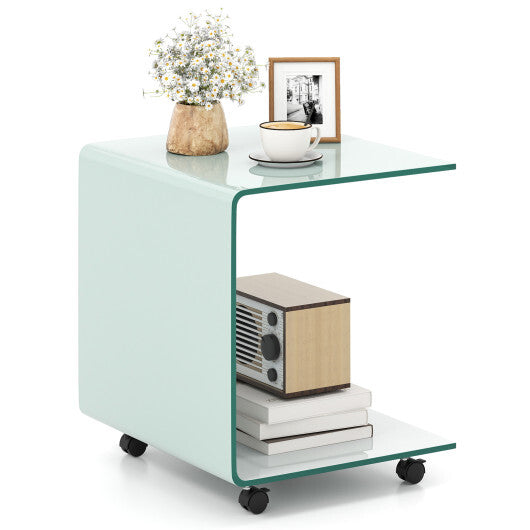 C-Shaped End Table Modern Tempered Glass Side Table with Shelf-White LuxuryLifeWay Online Store