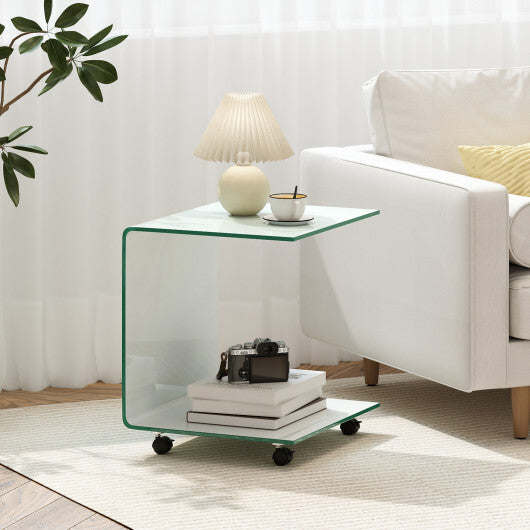 C-Shaped End Table Modern Tempered Glass Side Table with Shelf-White LuxuryLifeWay Online Store