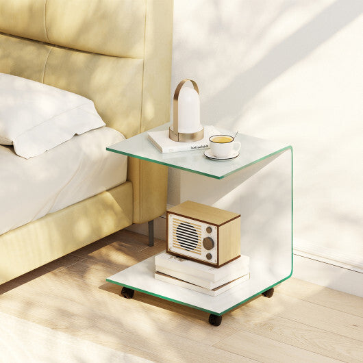 C-Shaped End Table Modern Tempered Glass Side Table with Shelf-White LuxuryLifeWay Online Store