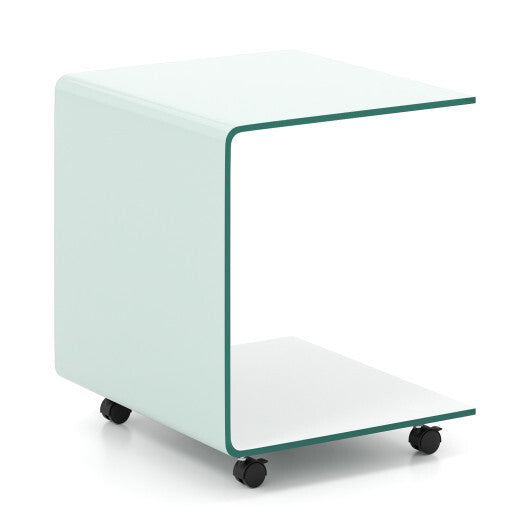 C-Shaped End Table Modern Tempered Glass Side Table with Shelf-White LuxuryLifeWay Online Store