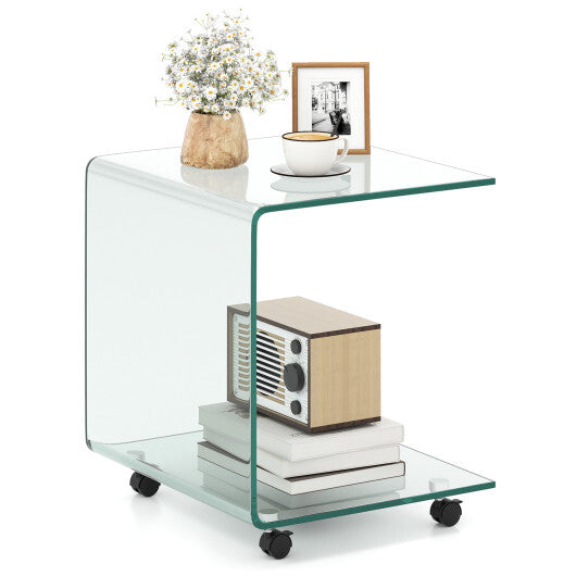 C-Shaped End Table Modern Tempered Glass Side Table with Shelf-White LuxuryLifeWay Online Store
