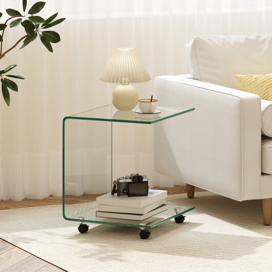 C-Shaped End Table Modern Tempered Glass Side Table with Shelf-White LuxuryLifeWay Online Store