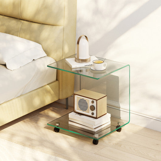 C-Shaped End Table Modern Tempered Glass Side Table with Shelf-White LuxuryLifeWay Online Store