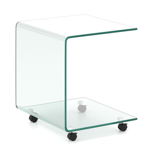 C-Shaped End Table Modern Tempered Glass Side Table with Shelf-White LuxuryLifeWay Online Store