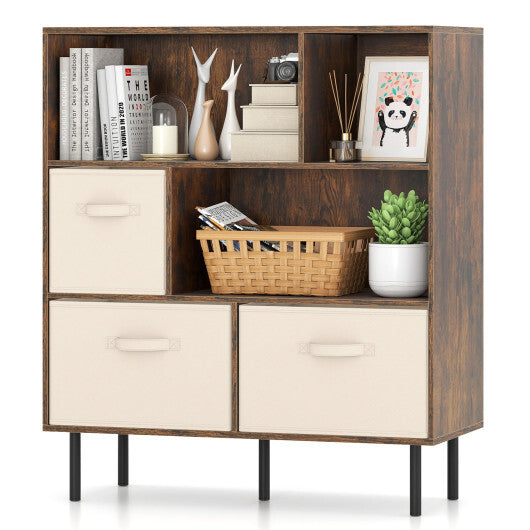 6-Cube Bookshelf with 3 Removable Folding Fabric Drawers for Living Room-Rustic Brown