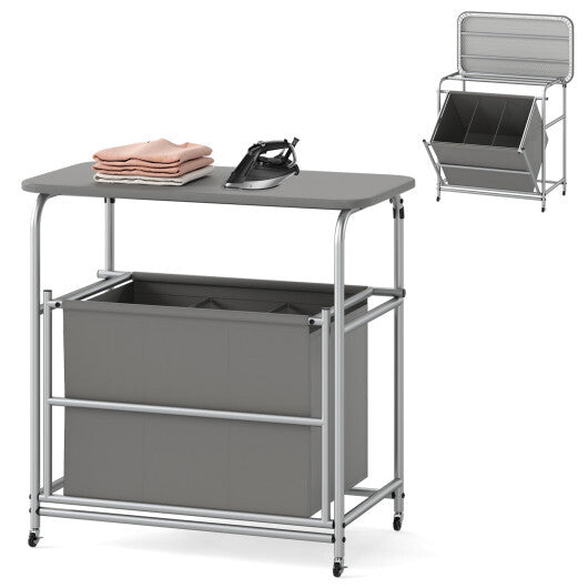 3-Section Laundry Sorter with Foldable Ironing Board and Lockable Wheels-Gray