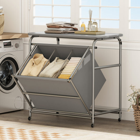 3-Section Laundry Sorter with Foldable Ironing Board and Lockable Wheels-Gray