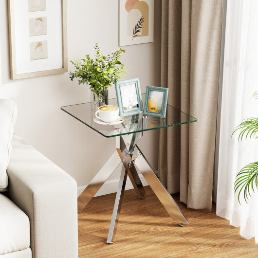 Glass Side Table Square End Table with Tempered Glass Top and Metal X Base-Silver LuxuryLifeWay Online Store