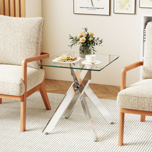 Glass Side Table Square End Table with Tempered Glass Top and Metal X Base-Silver LuxuryLifeWay Online Store
