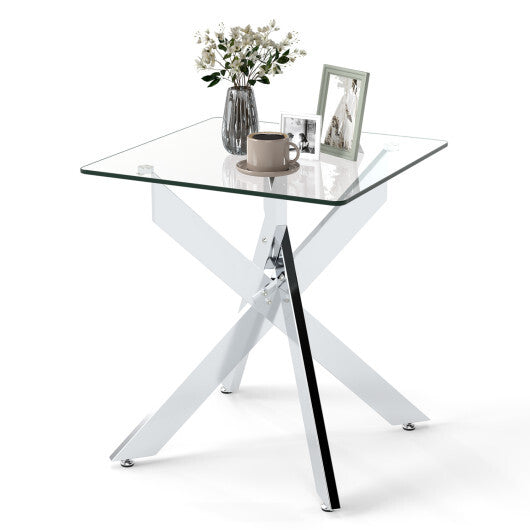 Glass Side Table Square End Table with Tempered Glass Top and Metal X Base-Silver LuxuryLifeWay Online Store