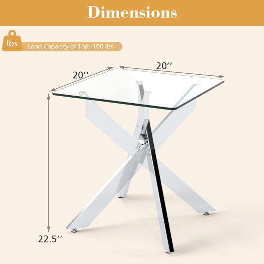 Glass Side Table Square End Table with Tempered Glass Top and Metal X Base-Silver LuxuryLifeWay Online Store
