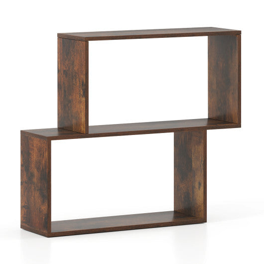 3-Tier Geometric Bookshelf Freestanding Wooden Bookcase with 2 Cubic Compartments-Brown LuxuryLifeWay Online Store