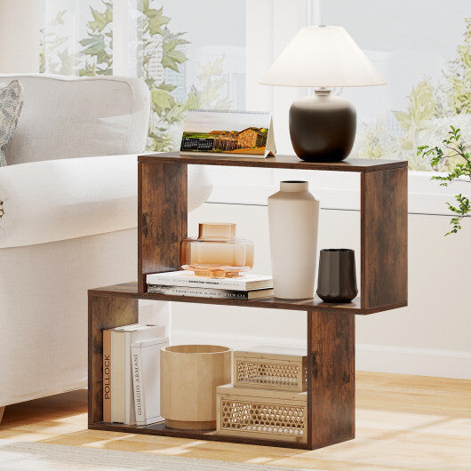 3-Tier Geometric Bookshelf Freestanding Wooden Bookcase with 2 Cubic Compartments-Brown LuxuryLifeWay Online Store