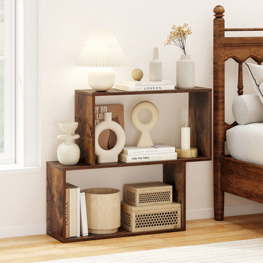 3-Tier Geometric Bookshelf Freestanding Wooden Bookcase with 2 Cubic Compartments-Brown LuxuryLifeWay Online Store