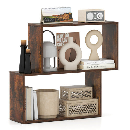 3-Tier Geometric Bookshelf Freestanding Wooden Bookcase with 2 Cubic Compartments-Brown LuxuryLifeWay Online Store