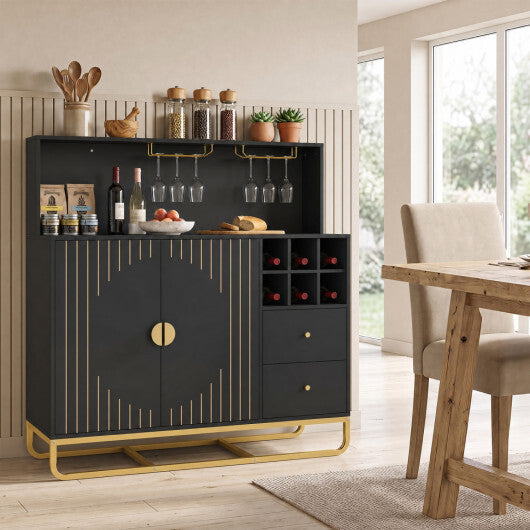 Home Bar Cabinet with Wine Rack Glass Holder and Adjustable Shelf-Black LuxuryLifeWay Online Store