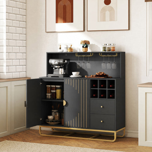 Home Bar Cabinet with Wine Rack Glass Holder and Adjustable Shelf-Black LuxuryLifeWay Online Store