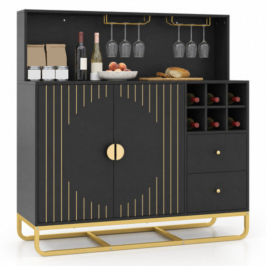 Home Bar Cabinet with Wine Rack Glass Holder and Adjustable Shelf-Black LuxuryLifeWay Online Store
