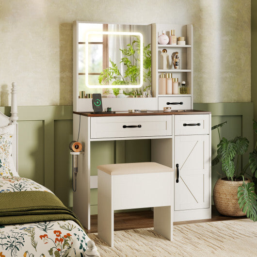 Vanity Desk with Mirror and Lights Farmhouse Makeup Dressing Table-White