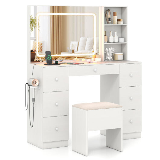 Vanity Desk with Mirror and Lights Makeup Dressing Table Vanity Table and Stool Set-White LuxuryLifeWay Online Store