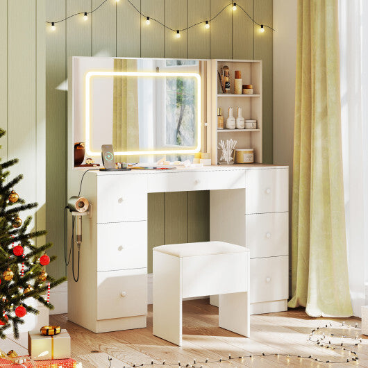 Vanity Desk with Mirror and Lights Makeup Dressing Table Vanity Table and Stool Set-White LuxuryLifeWay Online Store