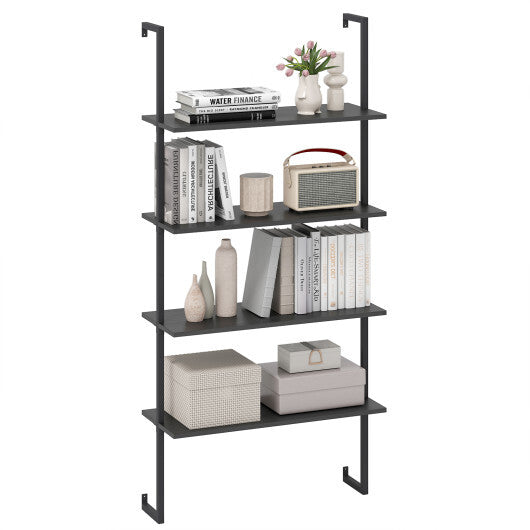 4-Tier Ladder Shelf Open Wall Mounted Bookcase with Wooden Boards and Metal Frame-Black LuxuryLifeWay Online Store