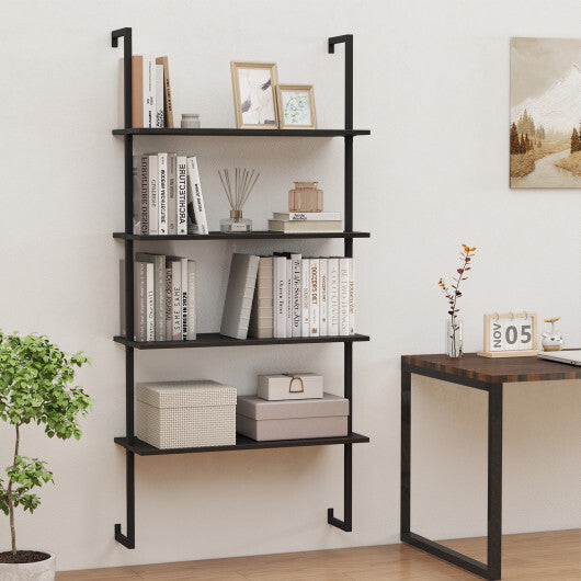 4-Tier Ladder Shelf Open Wall Mounted Bookcase with Wooden Boards and Metal Frame-Black LuxuryLifeWay Online Store