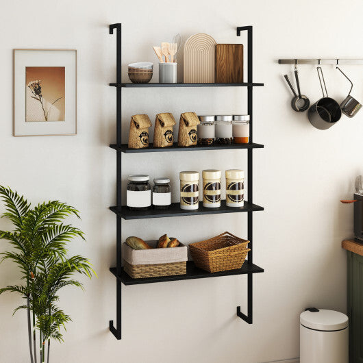 4-Tier Ladder Shelf Open Wall Mounted Bookcase with Wooden Boards and Metal Frame-Black LuxuryLifeWay Online Store