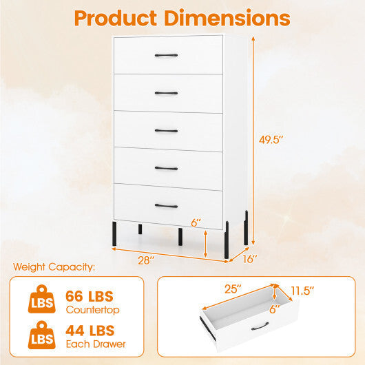 5-Drawer Modern Tall Chest of Drawers with Metal Legs-White LuxuryLifeWay Online Store