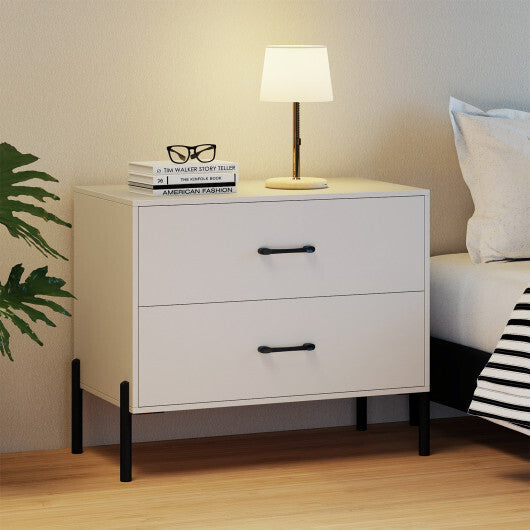 Modern Wooden 2-Drawer Nightstand with Metal Legs and Handles-White LuxuryLifeWay Online Store