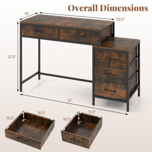 Computer Desk with 5 Drawers and Printer Stand for Bedroom and Small Spaces-Rustic Brown LuxuryLifeWay Online Store