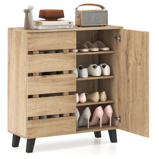 4-Tier Shoe Cabinet 2-Door Storage Organizer with Louvered Door-Natural LuxuryLifeWay Online Store