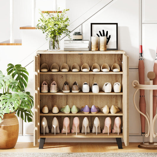 4-Tier Shoe Cabinet 2-Door Storage Organizer with Louvered Door-Natural LuxuryLifeWay Online Store
