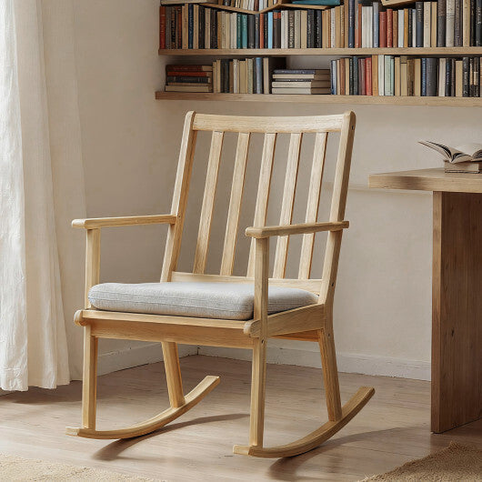 Rocking Chair with Cushion Solid Rubber Wood Rocker with Padded Seat-Natural LuxuryLifeWay Online Store