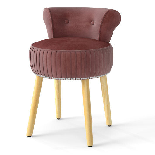 Velvet Vanity Chair with Back Upholstered Vanity Stool with Tufted Low Back and Solid Wood Legs-Pink