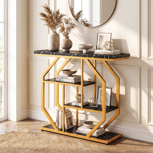 Modern Sofa Table Behind Couch 4-Tier Console Table with Faux Marble Tabletop-Black LuxuryLifeWay Online Store