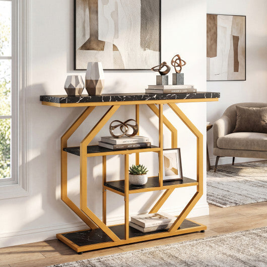 Modern Sofa Table Behind Couch 4-Tier Console Table with Faux Marble Tabletop-Black LuxuryLifeWay Online Store