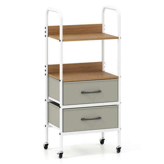 Rolling Utility Storage Cart with 2 Open Shelves and 2 Fabric Drawers-Natural