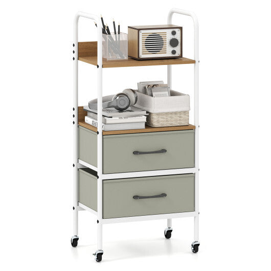 Rolling Utility Storage Cart with 2 Open Shelves and 2 Fabric Drawers-Natural