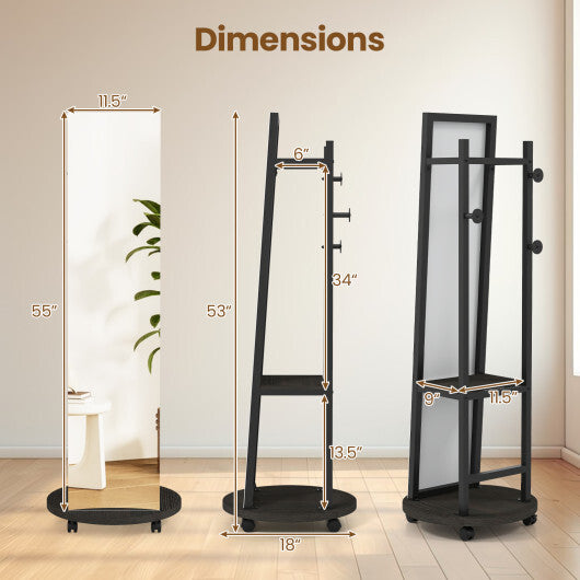 Coat Rack with Full Length Mirror Freestanding Coat Tree with 3 Hooks-Walnut LuxuryLifeWay Online Store