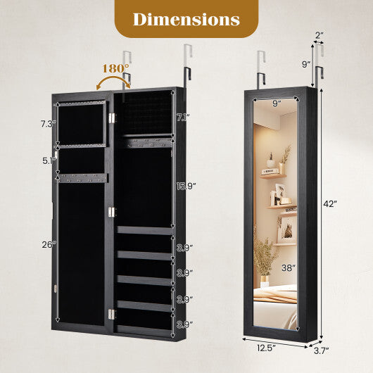 Jewelry Cabinet Wall or Door Mounted Jewelry Armoire with Full-Length Mirror-Black LuxuryLifeWay Online Store