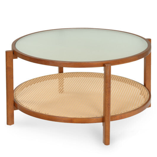 2-Tier Rattan Coffee Table with Frosted Tempered Glass Top and Wood Legs-Walnut LuxuryLifeWay Online Store