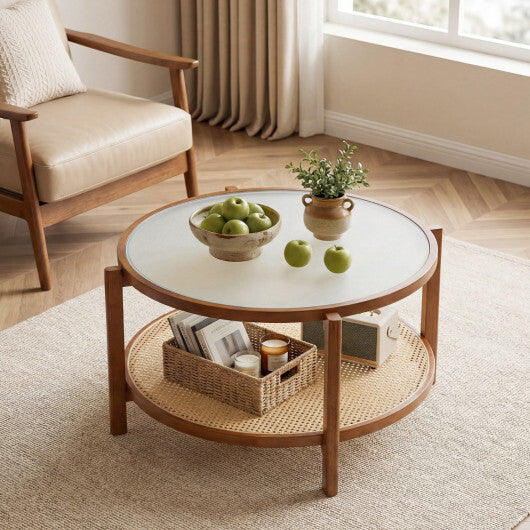 2-Tier Rattan Coffee Table with Frosted Tempered Glass Top and Wood Legs-Walnut LuxuryLifeWay Online Store