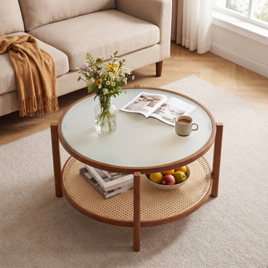 2-Tier Rattan Coffee Table with Frosted Tempered Glass Top and Wood Legs-Walnut LuxuryLifeWay Online Store